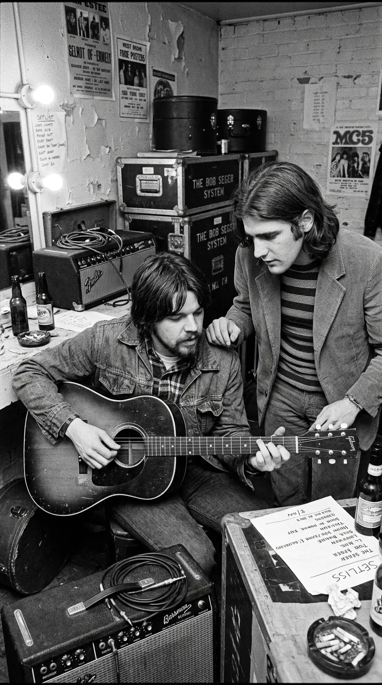Bob Seger en 1968 en el backstage de Detroit enseñando acordes al joven Glenn Frey