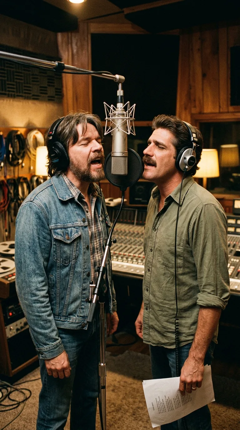 Bob Seger y Glenn Frey frente al mismo micrófono en el estudio grabando las armonías vocales
