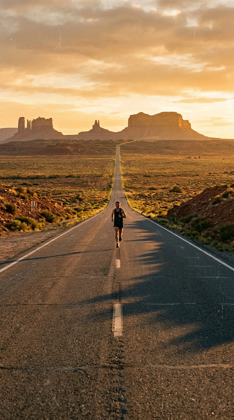 Carretera infinita extendiéndose hacia el horizonte de Monument Valley bajo el cielo abierto