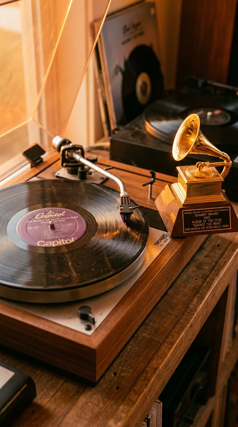 Primer plano del vinilo original de 1980 de Capitol Records de Against the Wind