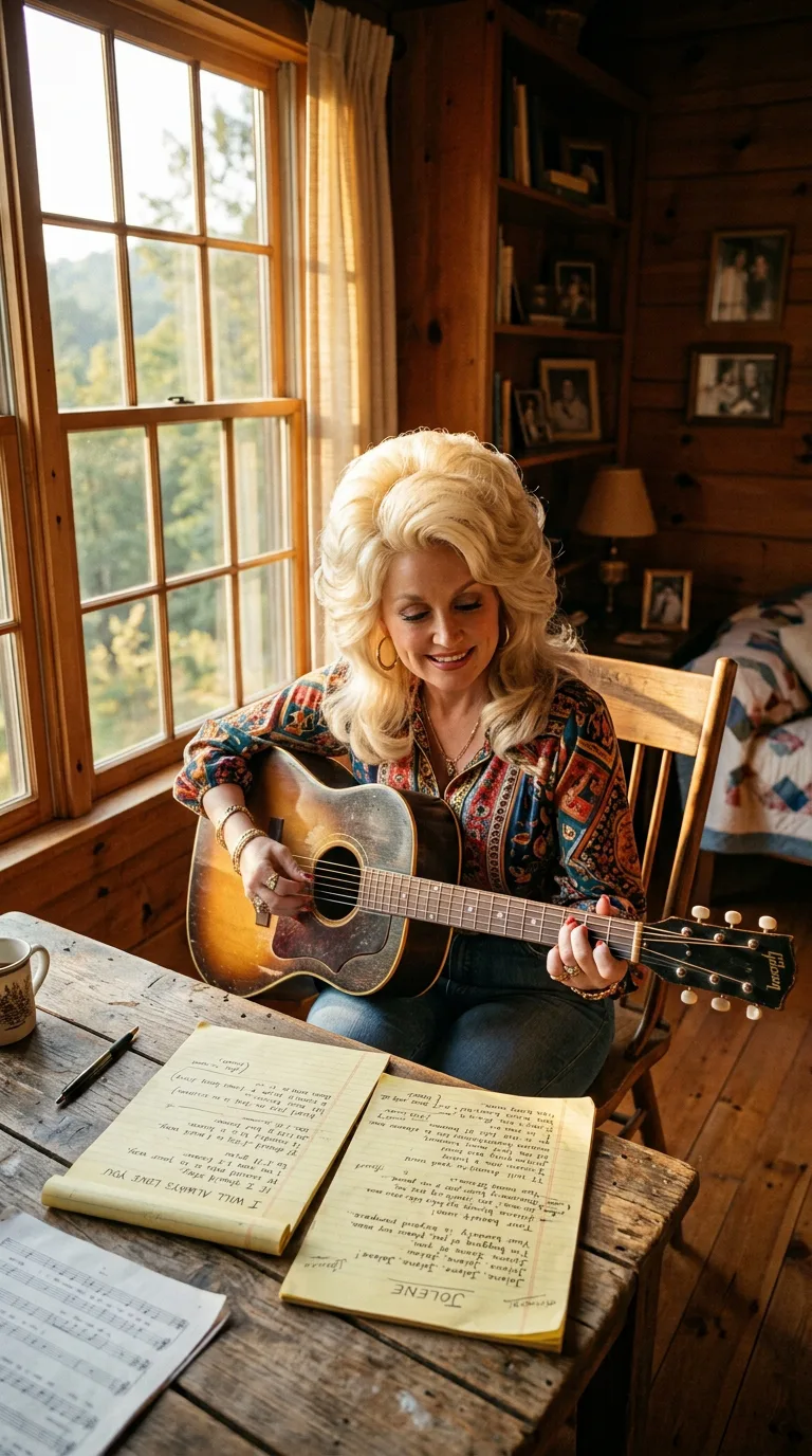 Dolly Parton escribiendo la letra en su libreta en 1973