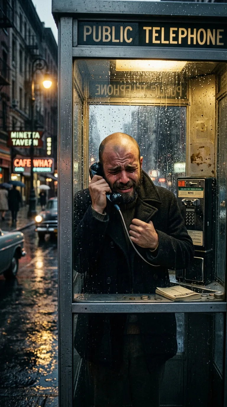 Shel Silverstein en una cabina telefónica bajo la lluvia en Nueva York