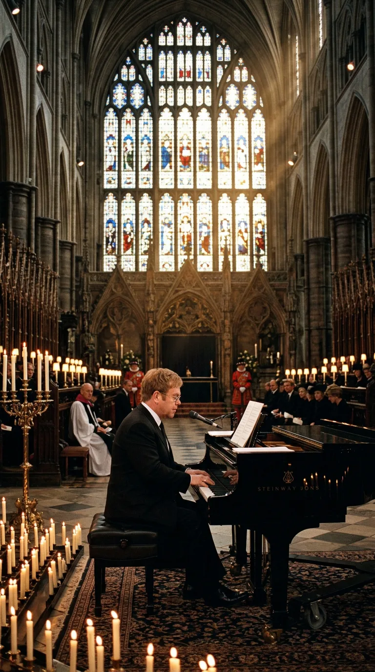 Elton John sentado al piano de cola negro en la Abadía de Westminster el 6 de septiembre de 1997