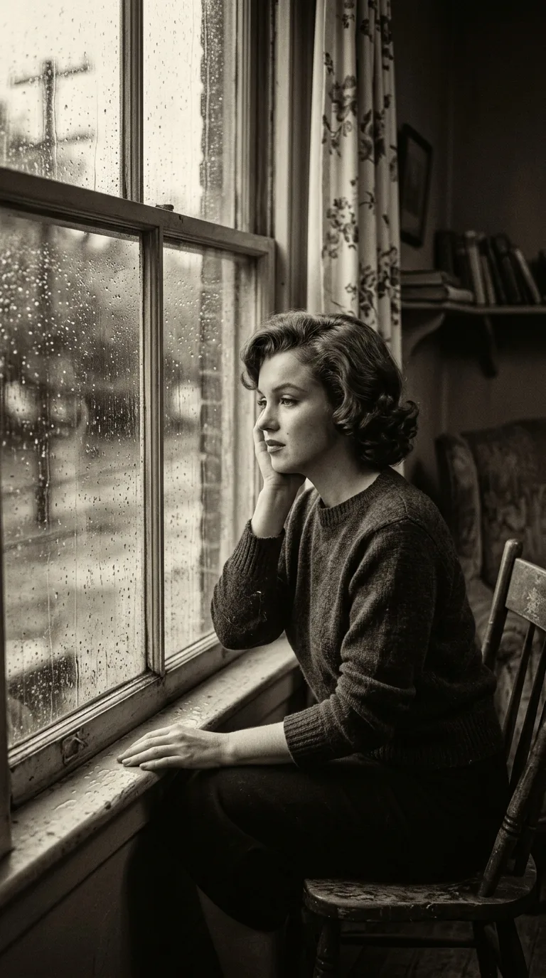 Retrato melancólico de Marilyn Monroe junto a una ventana en los años cincuenta