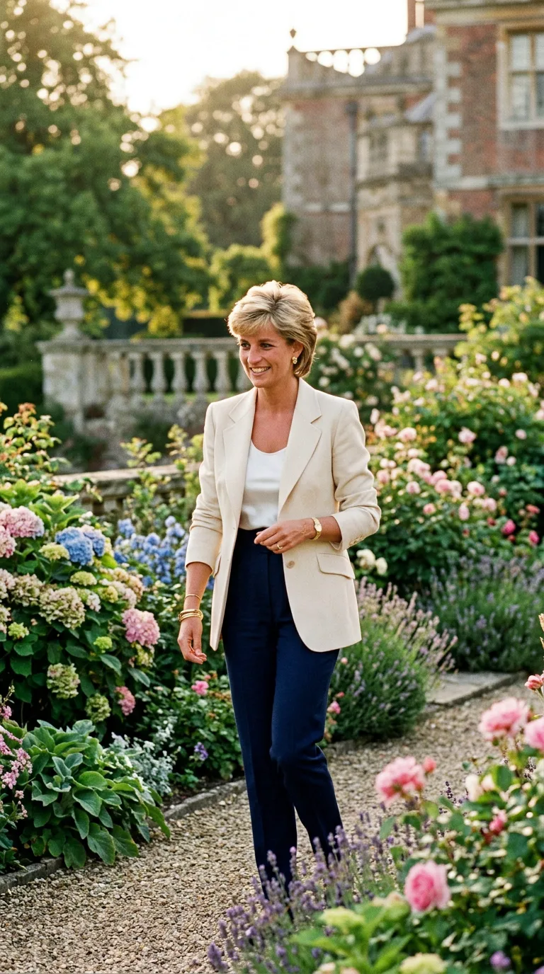 La Princesa Diana sonriendo cálidamente en un jardín real
