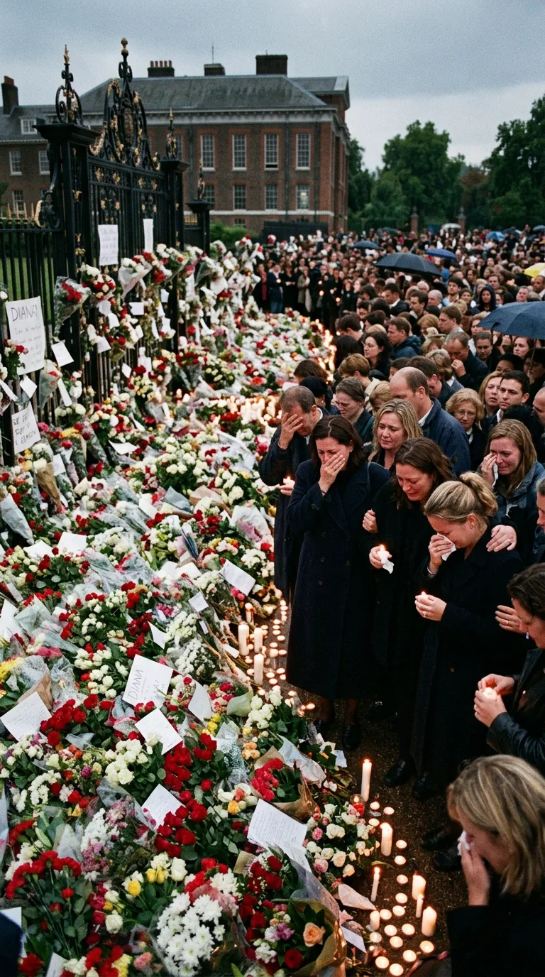 Montañas de flores y desconsuelo en las verjas del Palacio de Kensington en septiembre de 1997