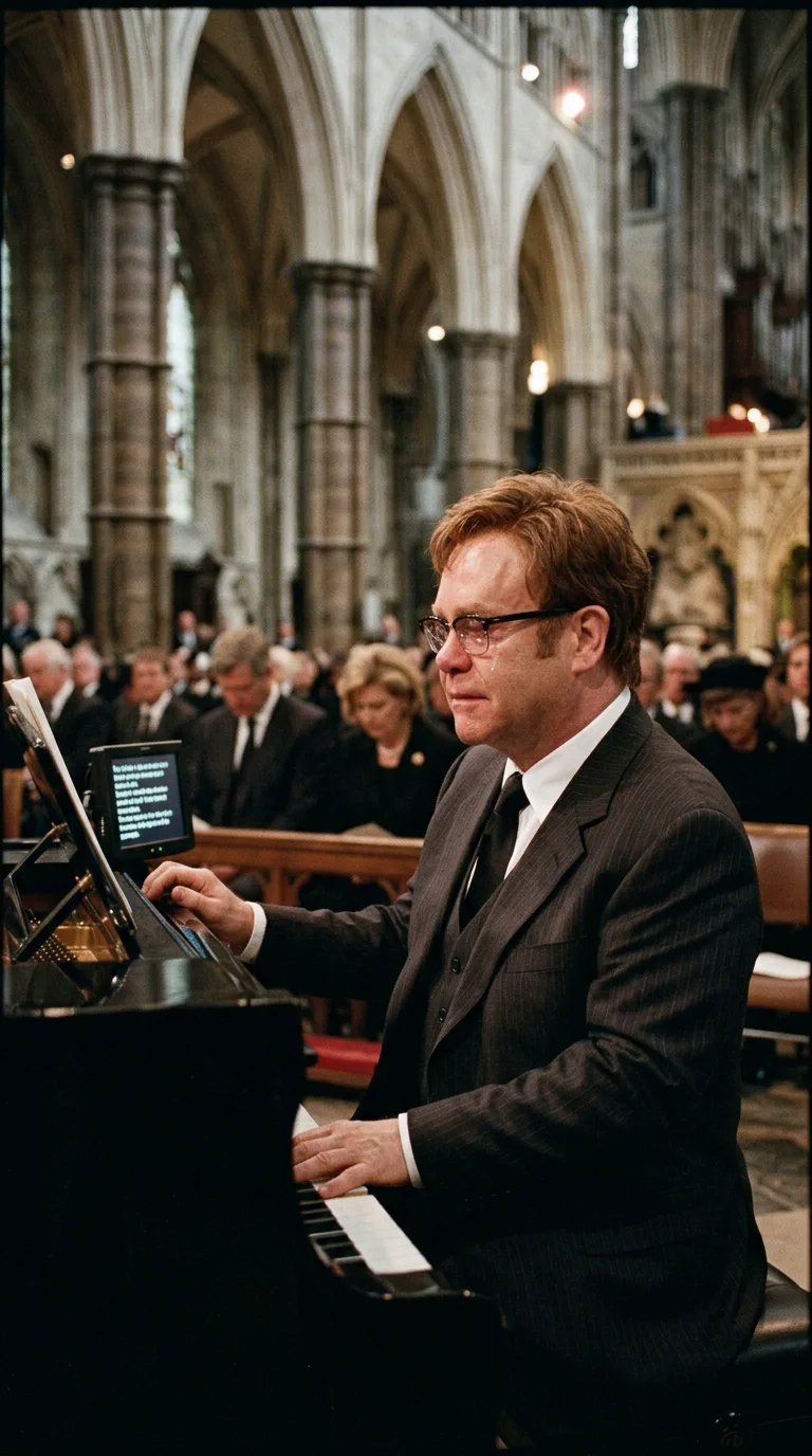 Primer plano intenso de Elton John al piano en la Abadía de Westminster leyendo las notas