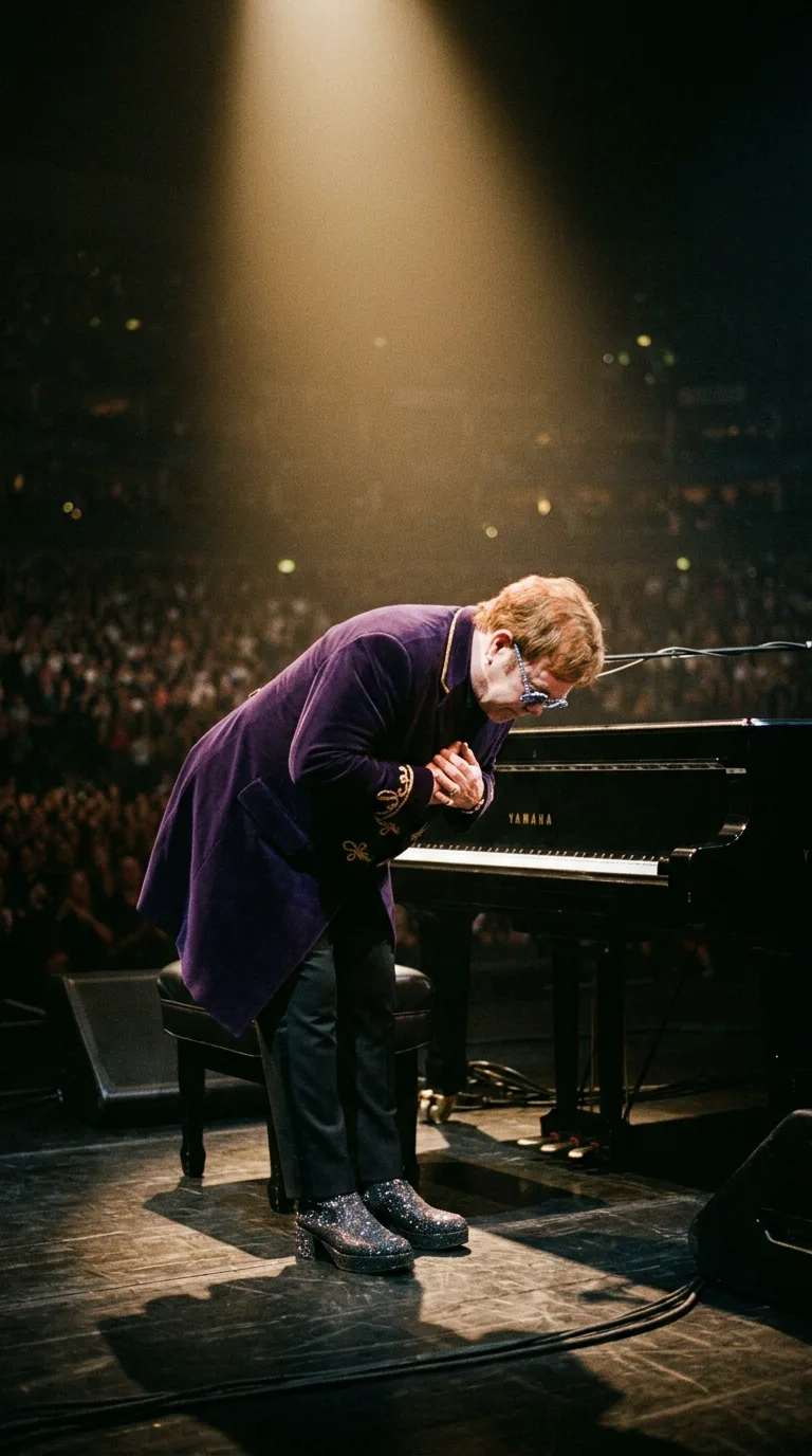 Elton John inclinándose con respeto ante el piano bajo la luz dorada en un escenario vacío