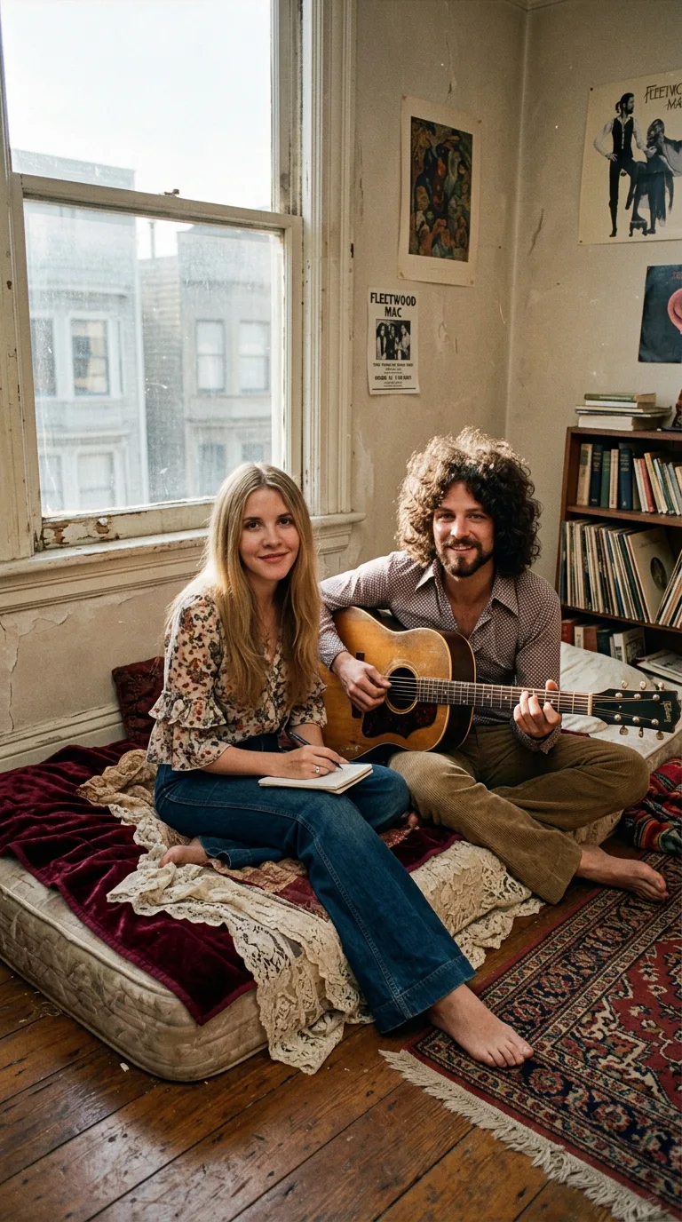 Stevie Nicks y Lindsey Buckingham en su modesto apartamento de San Francisco en 1973