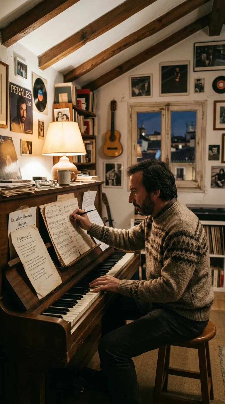 José Luis Perales componiendo al piano en 1985