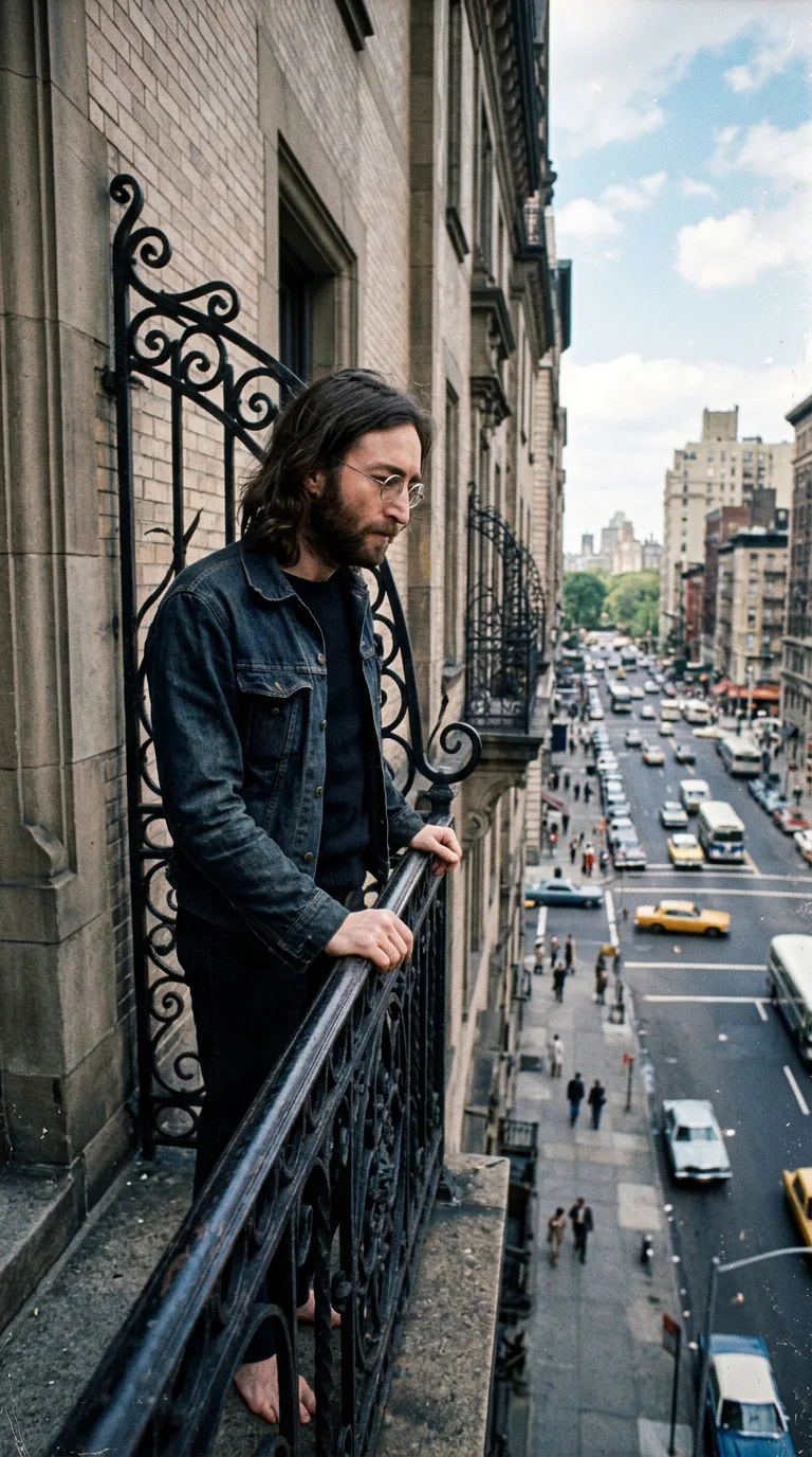 John Lennon en el balcón del edificio Dakota observando la ciudad de Nueva York