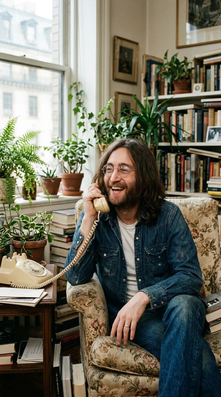 John Lennon riendo relajadamente por teléfono en su salón del Dakota