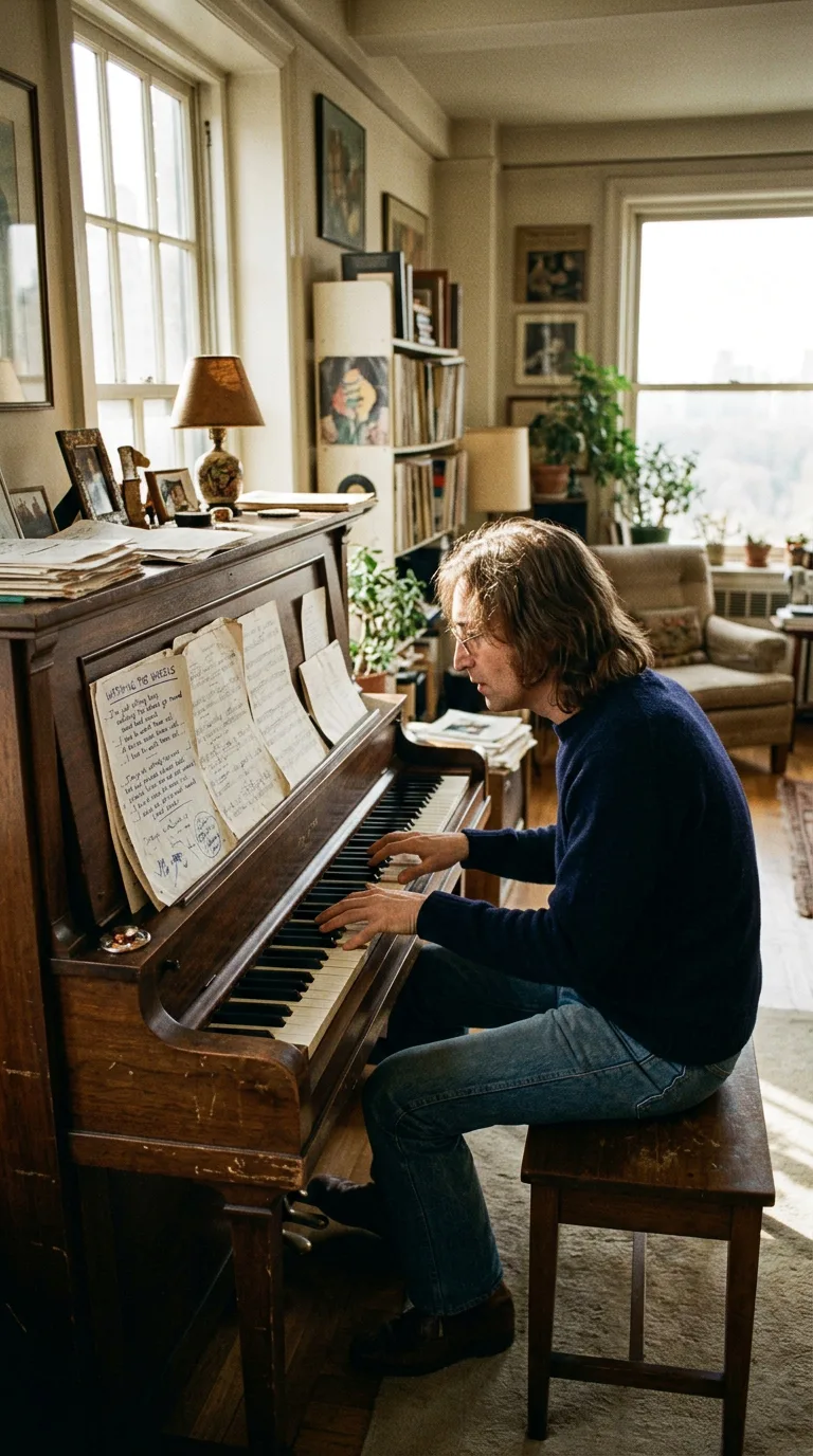 John Lennon componiendo al piano vertical blanco en el salón de su apartamento