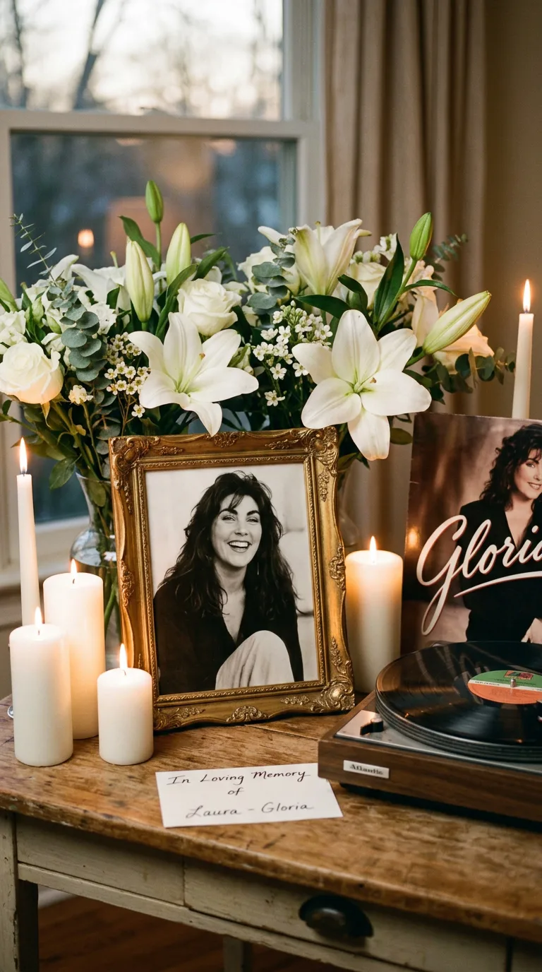 Memorial floral con rosas y el vinilo de Gloria