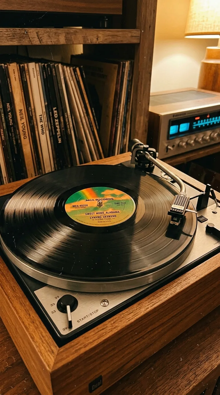 Vinilo girando en tocadiscos vintage con la etiqueta de MCA Records de Sweet Home Alabama