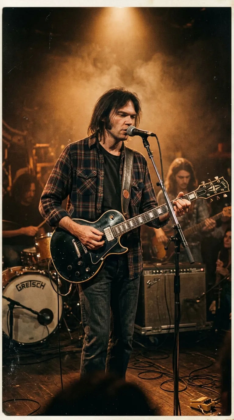 Neil Young en 1972 tocando su guitarra Gibson Les Paul negra en un escenario oscuro