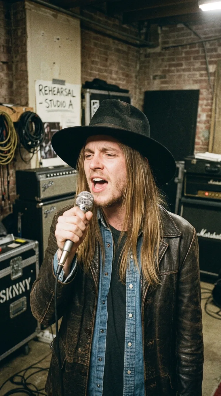 Ronnie Van Zant en 1974 con sombrero negro de ala ancha y mirada decidida ante el micrófono