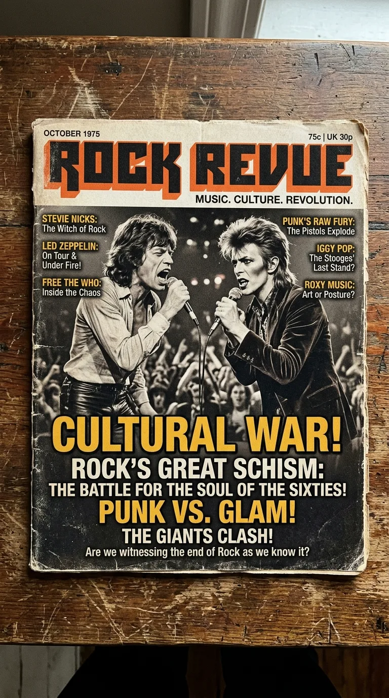 Portada de revista musical de los años setenta con titulares de una supuesta guerra cultural del rock
