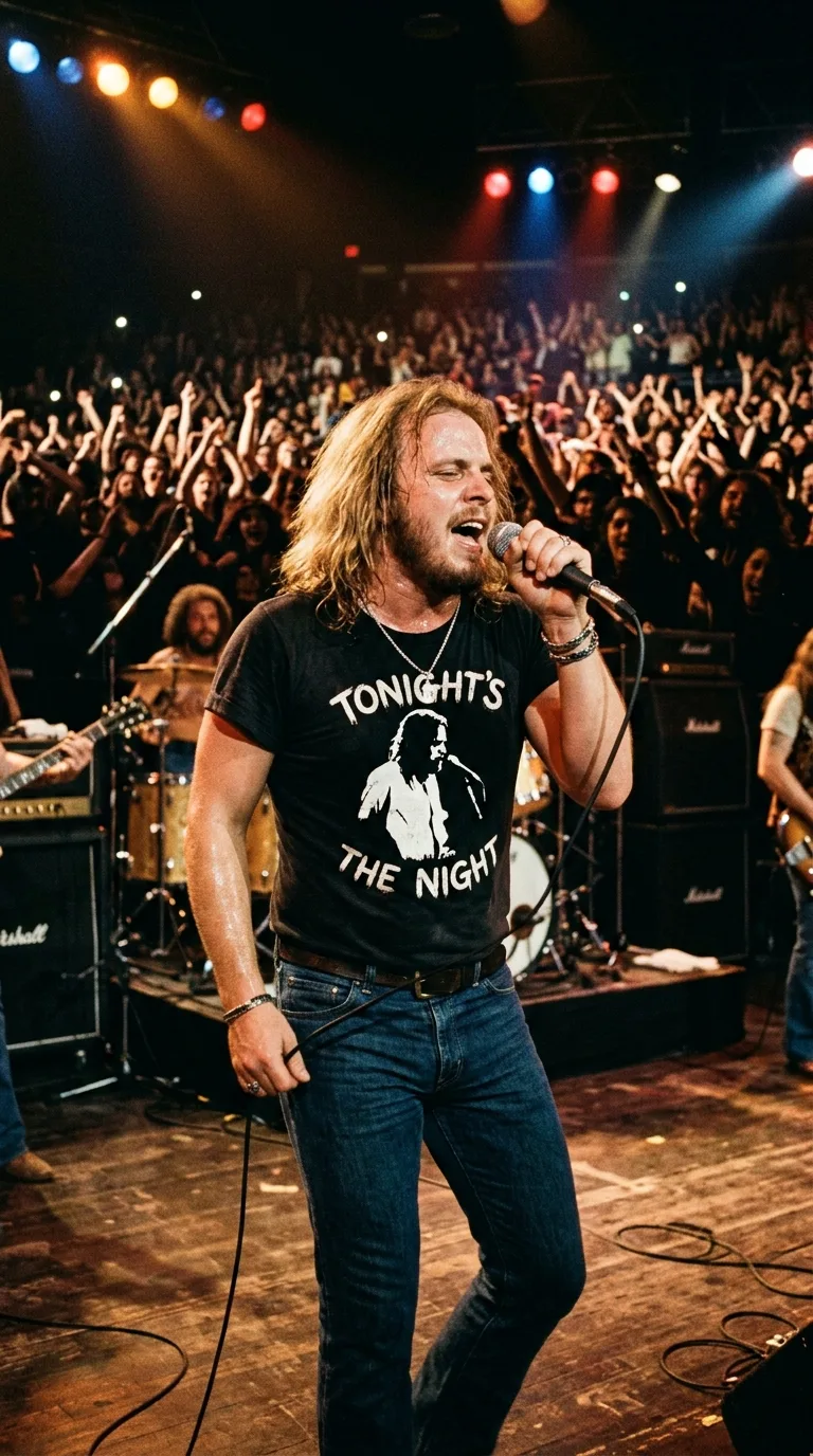 Ronnie Van Zant cantando en vivo en concierto con la camiseta del álbum Tonight's the Night de Neil Young