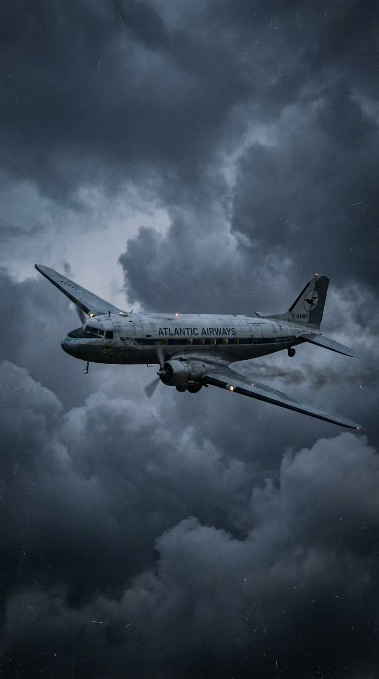 Avión bimotor de pasajeros volando a través de nubes grises al atardecer