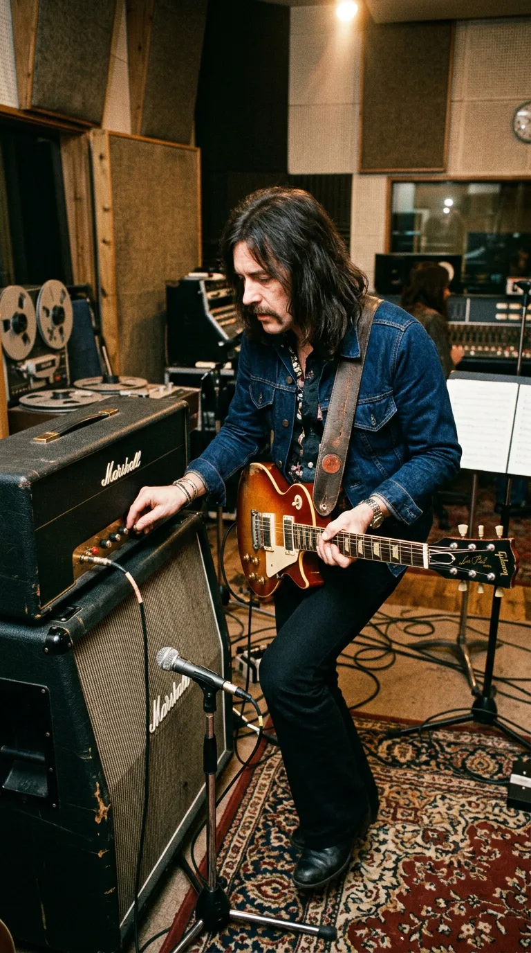 Manny Charlton ajustando el sonido de su Gibson Les Paul en el estudio