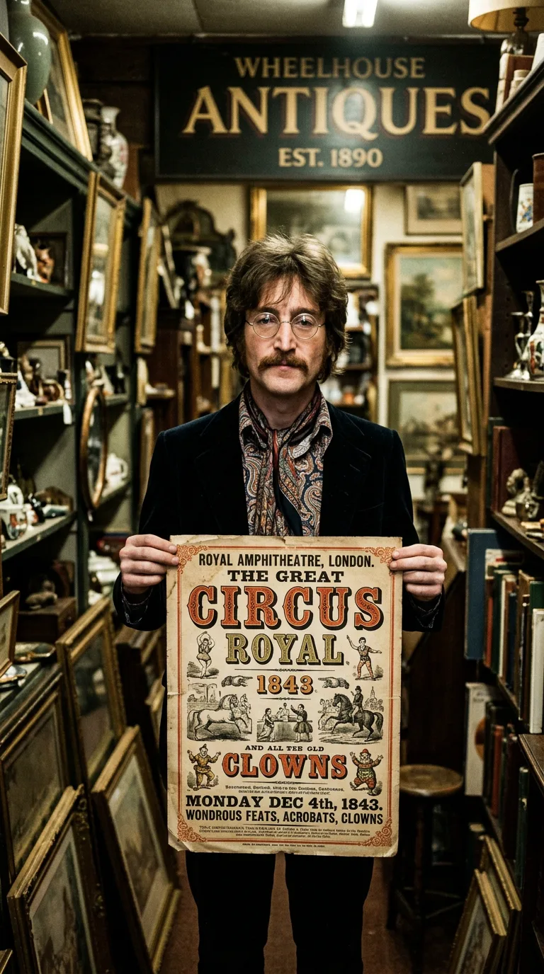 John Lennon en la tienda de antigüedades de Kent sosteniendo el cartel victoriano