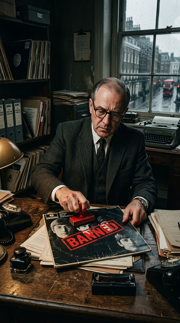 Censor de la BBC sellando un disco de The Beatles con la marca de BANNED