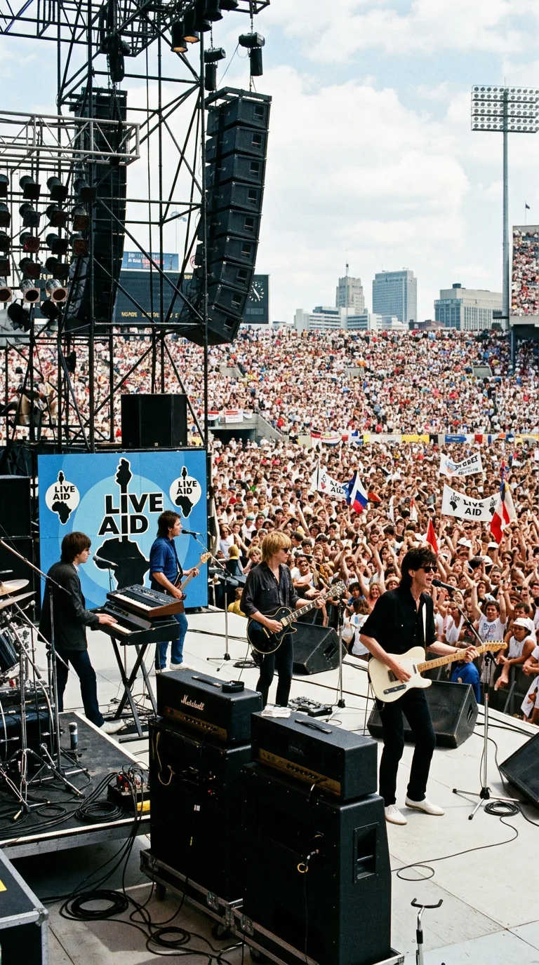 The Cars actuando en directo ante noventa mil personas en el estadio JFK durante Live Aid 1985