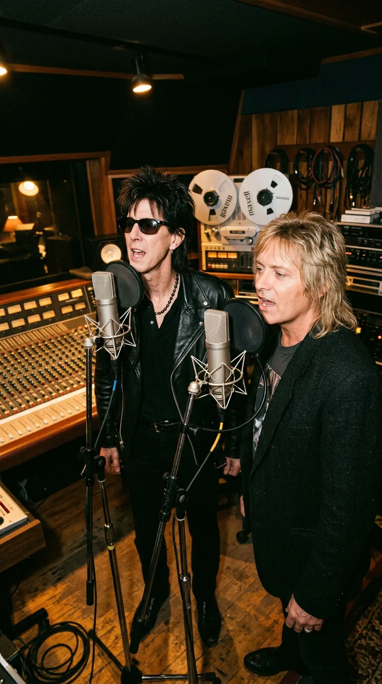 Greg Hawkes al teclado Prophet-5 y Elliot Easton grabando su solo de guitarra