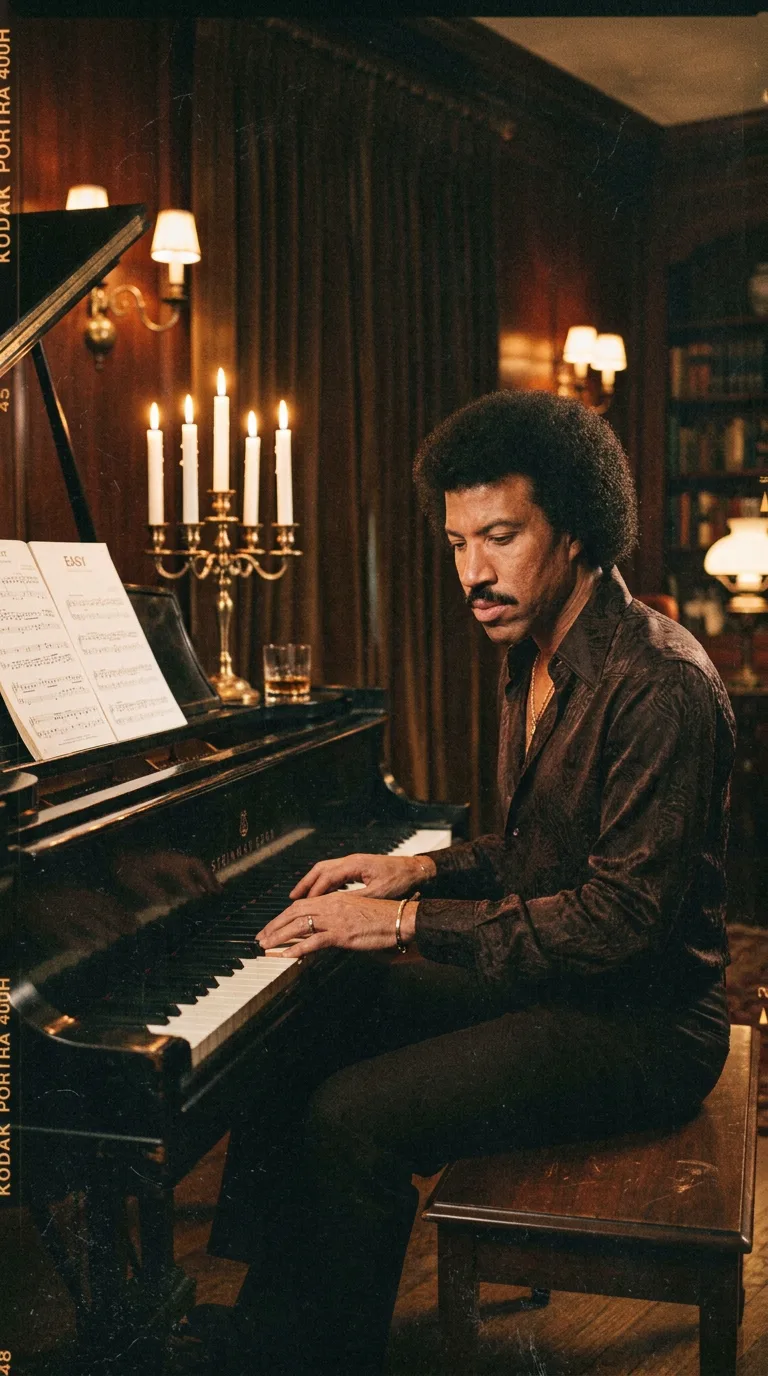 Retrato íntimo de 1978 de Lionel Richie joven junto al piano de cola bajo la luz cálida de las velas