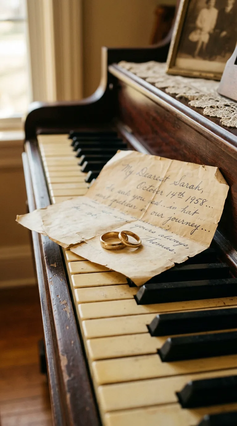 Alianzas matrimoniales y partitura manuscrita sobre las teclas de marfil de un piano acústico