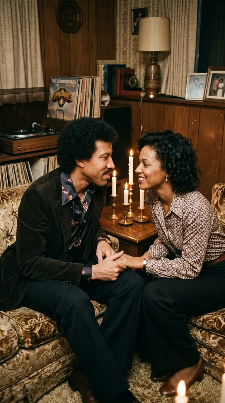 Lionel Richie junto a su esposa Brenda Harvey en 1978 en un instante íntimo y reflexivo