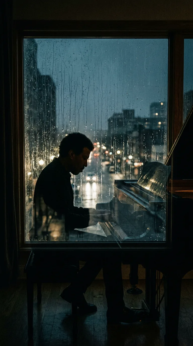 Lionel Richie componiendo en la penumbra frente a la ventana en una noche lluviosa de 1978