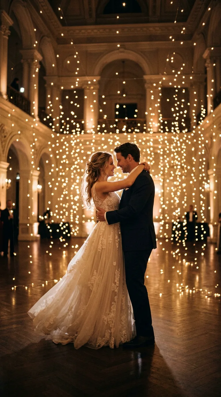 Pareja bailando un vals lento y elegante en un salón dorado iluminado por luces de ensueño