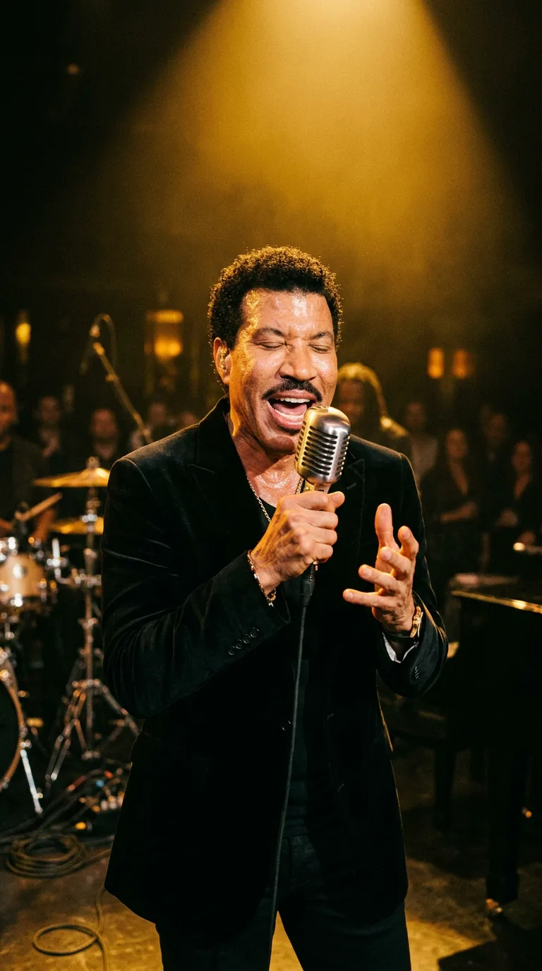 Lionel Richie en el escenario de 1978 cantando con entrega ante el micrófono bajo el foco dorado