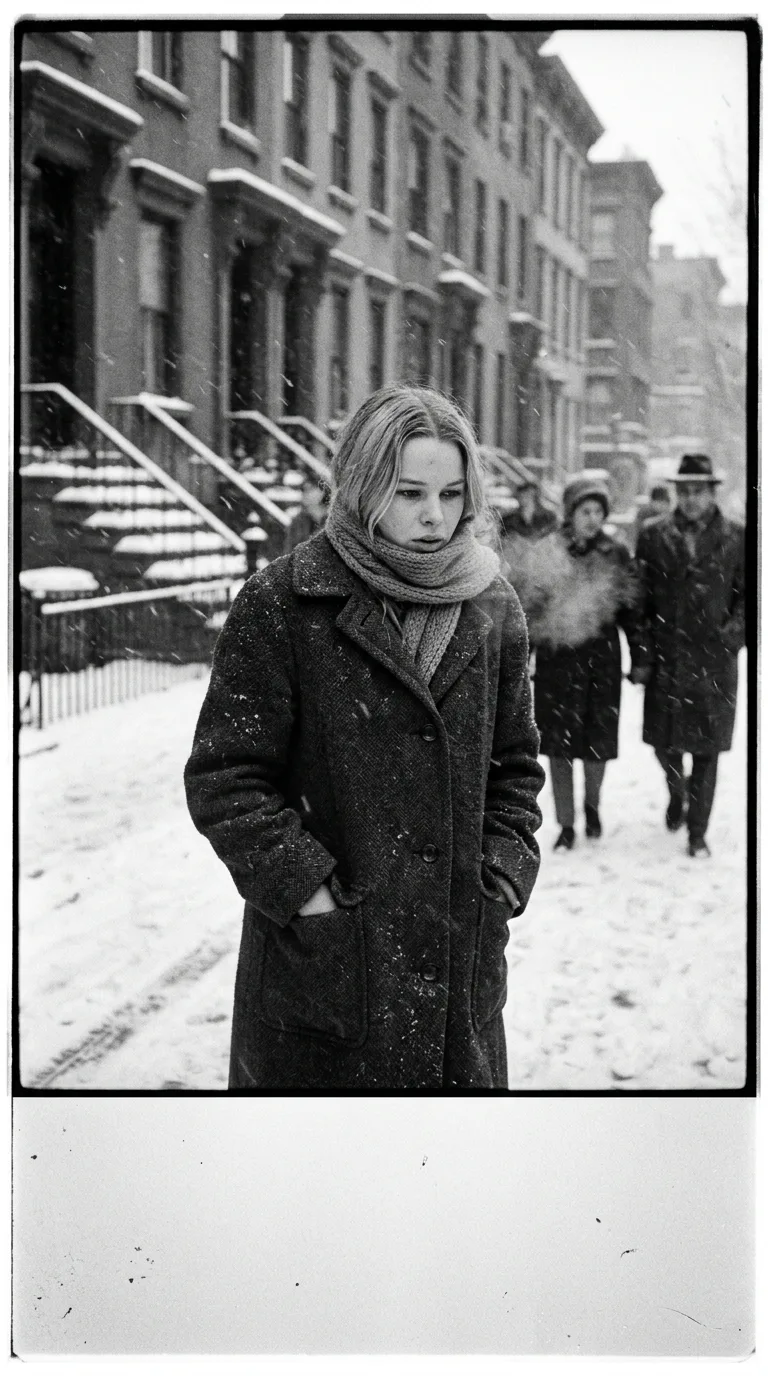 Michelle Phillips enfrentando la ventisca de Manhattan en 1963