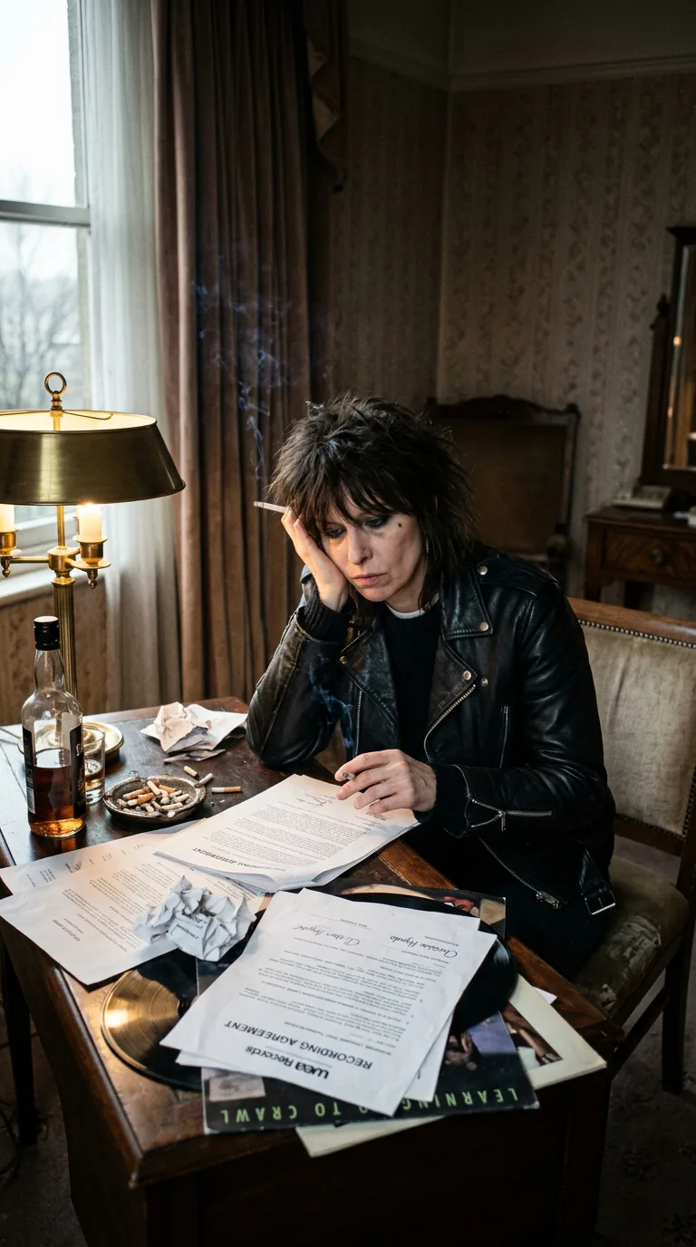 Chrissie escribiendo la letra del himno en su apartamento